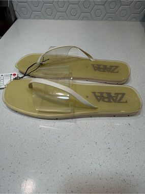 Zara Yellow Slide Sandals with Clear Strap and White Thong